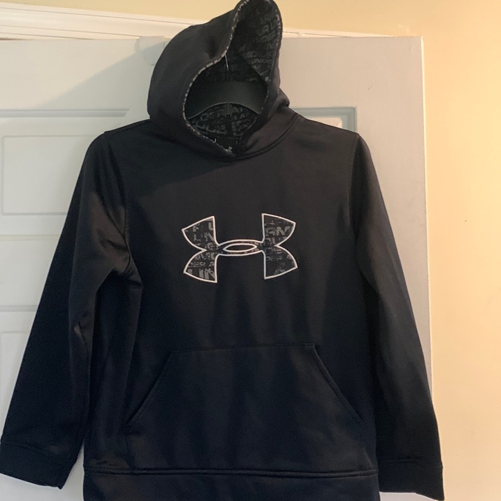 YLG Under Armour Hoodie‎ Sweatshirt, youth large, black, big logo, from pocket